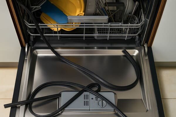 Dishwasher with removed rubber door seal lying inside stainless steel tub, replacement gasket ready for installation to restore leak protection and hygiene.