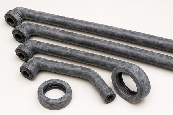 Rubber hose blooming, molded elbow hoses and gasket with whitish powdery surface, on white background, quality inspection defect example.