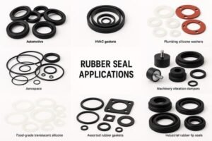 Rubber seal applications collage, showing automotive oil seals, HVAC gaskets, plumbing silicone washers, aerospace O-rings, food-grade silicone seals, vibration dampers, assorted gaskets, and industrial lip seals on white background.