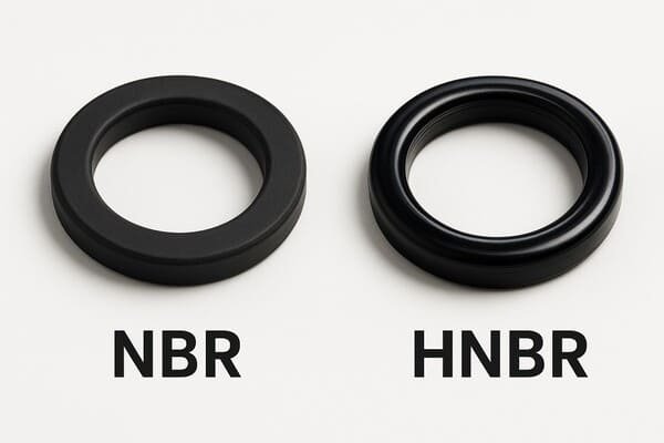 Comparison of NBR and HNBR seals: On the left is an NBR (nitrile butadiene rubber) seal, and on the right is an HNBR (hydrogenated nitrile butadiene rubber) seal, showing their distinct shapes and features.