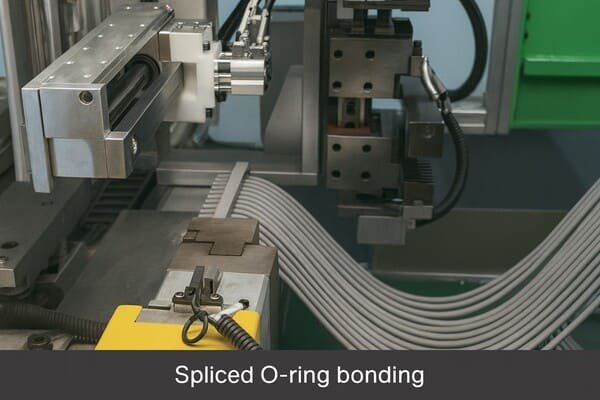 Spliced O-ring bonding, automated rubber cutting and bonding machine, precision process for joining O-ring ends into continuous seals.