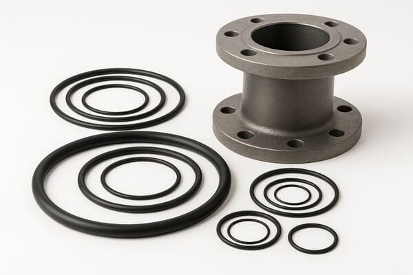 Spliced O-rings in marine flange applications, various sizes of black rubber sealing rings placed beside metal pipe flange for watertight sealing.