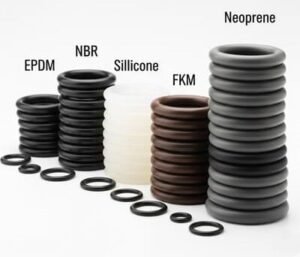Spliced rubber rings material comparison, stacked O-rings in EPDM, NBR, silicone, FKM, and neoprene, showing color and size differences.