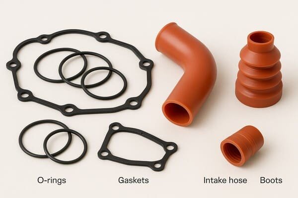 Automotive silicone rubber components including O-rings, gaskets, intake hose, and protective boots, arranged on white background for product display.