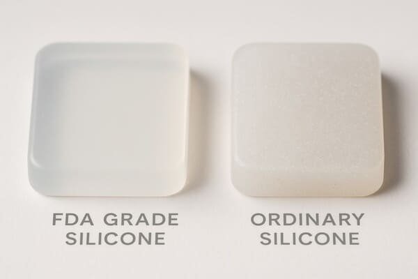 Side-by-side comparison of FDA grade silicone and ordinary silicone samples, showing clearer, smoother FDA silicone versus opaque, rougher ordinary silicone.