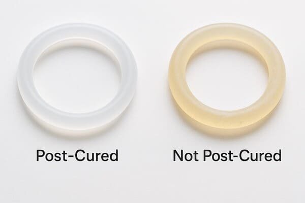 Side-by-side comparison of silicone O-rings, showing clear post-cured ring versus yellowish not post-cured ring, highlighting improved purity and stability after post-curing.