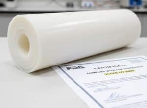 FDA compliant silicone rubber sheet roll beside certification document on lab table, highlighting material safety and compliance with 21 CFR 177.2600 standards.