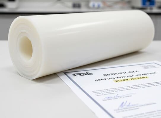 FDA compliant silicone rubber sheet roll beside certification document on lab table, highlighting material safety and compliance with 21 CFR 177.2600 standards.