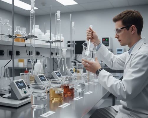 Laboratory technician testing silicone rubber chemical resistance in FDA lab, using labeled beakers with water, n-hexane, and ethanol under controlled temperature.
