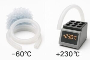 Medical-grade silicone tubing, flexible at −60°C near ice crystals and +230°C beside digital heater, demonstrating wide temperature elasticity and durability.