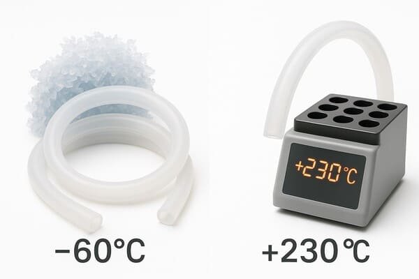 Medical-grade silicone tubing, flexible at −60°C near ice crystals and +230°C beside digital heater, demonstrating wide temperature elasticity and durability.