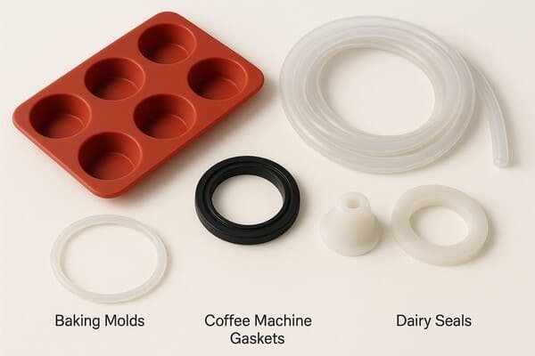 Food-grade silicone products including baking molds, coffee machine gaskets, dairy seals, and transparent hoses, arranged on white background.