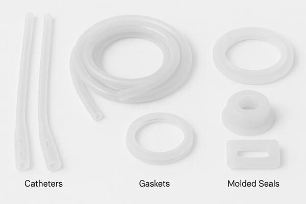 Medical-grade silicone components including catheters, gaskets, and molded seals, translucent white color, displayed on clean white background.