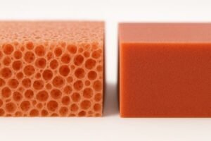 Open-cell silicone sponge cross section, showing interconnected air pores and soft porous texture, beside closed-cell silicone sponge with dense, smooth structure on white background.