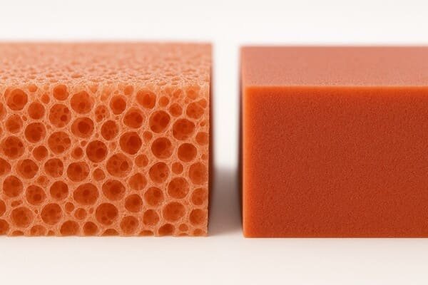 Open-cell silicone sponge cross section, showing interconnected air pores and soft porous texture, beside closed-cell silicone sponge with dense, smooth structure on white background.