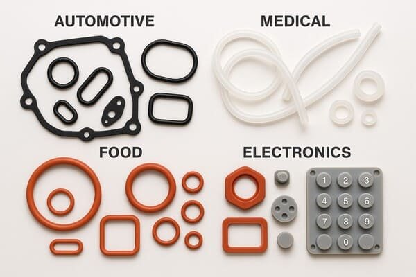Assorted silicone rubber parts for automotive, medical, food, and electronics industries, showing gaskets, O-rings, tubing, and keypads after post-curing treatment.