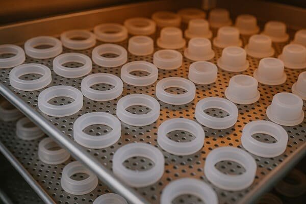 Silicone rubber gaskets placed on perforated metal trays inside industrial oven, showing post-curing process to remove volatiles and enhance material stability.