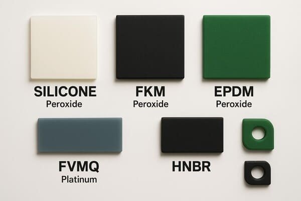 Comparison of cured rubber materials including silicone, FKM, EPDM, FVMQ, and HNBR samples, labeled by curing method such as peroxide and platinum for post-curing reference.