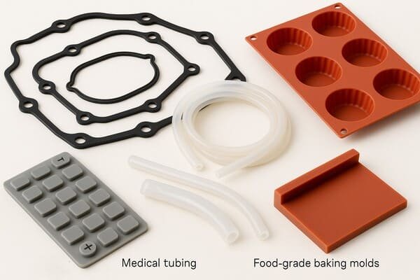 Silicone rubber products for industrial use, including gaskets, medical tubing, keypad, and food-grade baking molds, displayed on clean white background.