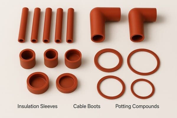 Silicone rubber components for electrical insulation including sleeves, cable boots, and potting compound rings, neatly arranged on white background.