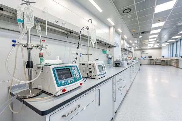Modern medical laboratory with infusion pumps and silicone tubing connected to IV bags, demonstrating silicone rubber use in hospital equipment for fluid management.