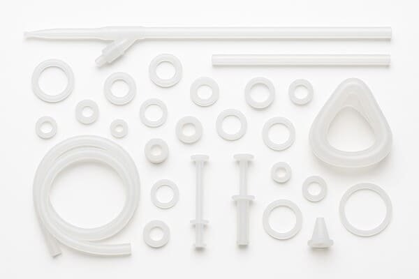 Medical-grade silicone rubber components including tubes, seals, gaskets, and connectors, neatly arranged on white background, showing typical medical device applications.