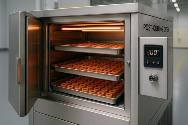 Industrial post-curing oven set at 200°C with trays of orange silicone rubber seals, showing heat treatment process for improving stability and removing residues.
