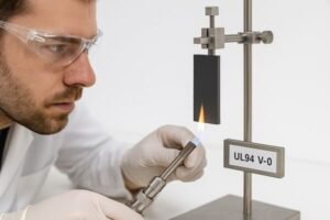 UL94 V-0 flammability test on rubber specimen, lab technician applying controlled flame with Bunsen burner, vertical test setup for fire resistance evaluation.