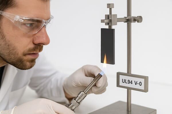 UL94 V-0 flammability test on rubber specimen, lab technician applying controlled flame with Bunsen burner, vertical test setup for fire resistance evaluation.