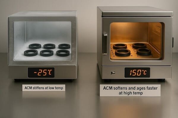 ACM rubber temperature test, black seals in cold and hot ovens at minus 25C and 150C, showing stiffening at low temperature and aging at high temperature