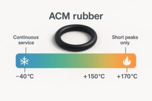 ACM rubber temperature range, black O ring above color scale from minus 40C to 150C continuous and 170C short peaks, service limit infographic