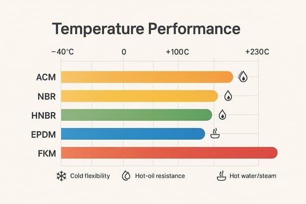ACM vs NBR HNBR EPDM FKM temperature performance chart, colored bars from minus 40C to 230C, highlighting hot oil and hot water steam resistance