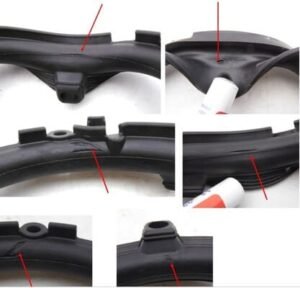 Close up views of black rubber door gasket showing surface defects and damage marked by red arrows