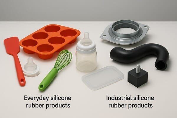 Silicone rubber products comparison, bakeware and bottle nipples beside industrial hose, gasket and vibration mount.