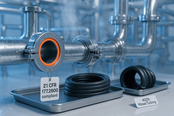 Food-grade silicone gasket, 21 CFR 177.2600 compliant, sealing a stainless processing pipeline; rubber hose/tubing 4009 samples displayed on trays.