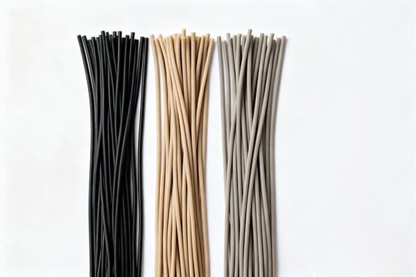 Neoprene sponge cords bundle, flexible strings in black, beige and grey on white surface, indicating size and colour options.