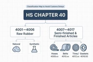 HS code map for rubber, Chapter 40: 4001–4006 raw rubber; 4007–4017 finished parts; hoses 4009, belts 4010, gaskets 4016.93.