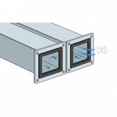 HVAC duct connection with neoprene sponge cord gasket, square flanges aligned, airflow arrows showing reduced air leaks in ventilation system.