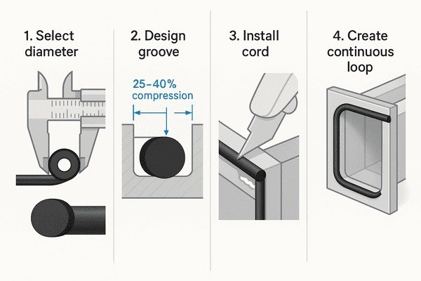 Neoprene sponge cord installation guide, select diameter, design 25–40% compression groove, install cord and join ends to seal door frame.