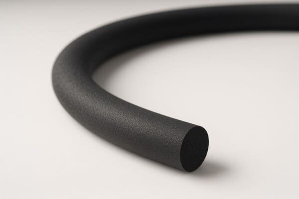 Neoprene sponge cord close-up, black foam profile bent in a curve on neutral background, showing smooth surface for soft seal.