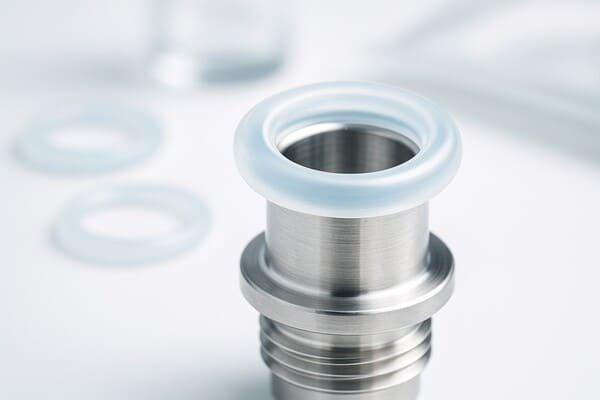 Platinum-cured silicone O-ring on stainless-steel connector, clean lab bench with shallow depth of field, seated to show a leak-tight seal.