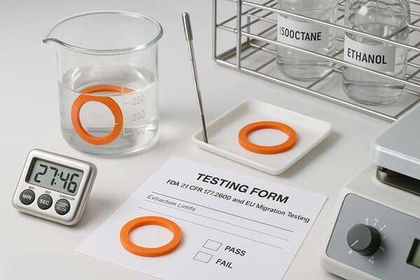 Food-grade silicone gasket testing, 21 CFR 177.2600 & EU migration, beaker soak with timer and probe, pass/fail lab form on bench.