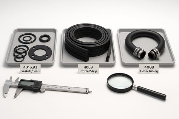 Rubber HS code classification, gaskets 4016.93, profiles 4008, hoses 4009 on trays with caliper and magnifier for inspection.