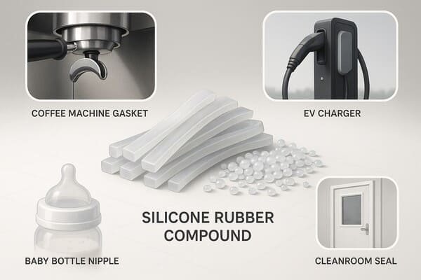 Silicone rubber compound, white strips and pellets centered, icons around showing coffee machine gasket, EV charger seal, baby bottle nipple and cleanroom door seal.