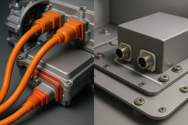 Silicone rubber gaskets for electrical enclosures, orange high-voltage EV cables and grey connector seals, protecting industrial control boxes from dust and water