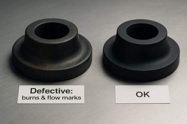 Comparison of molded rubber parts showing surface burns and flow marks on defective piece versus smooth OK sample for quality inspection