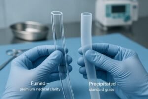Fumed silicone tubing vs precipitated silicone, gloved technician compares clear medical grade and opaque standard hoses in lab.