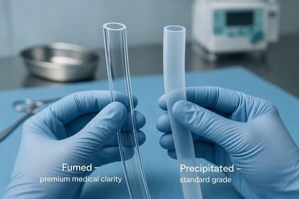 Fumed silicone tubing vs precipitated silicone, gloved technician compares clear medical grade and opaque standard hoses in lab.