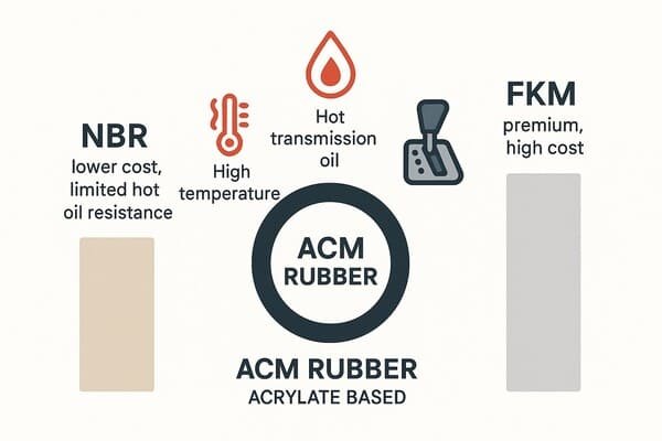 ACM rubber hot-oil resistance infographic, acrylate ACM compared with NBR and FKM, illustrates performance in high temperature hot transmission oil.