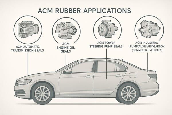 ACM rubber automotive applications illustration, side view sedan with callouts, highlights ACM seals in automatic transmission, engine oil, power steering and industrial pumps.